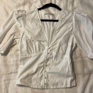 White deep v smocked button through blouse